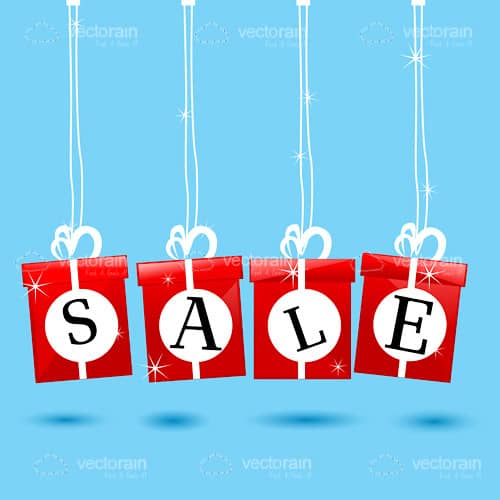 Sale Sign with Hanging Gift Boxes